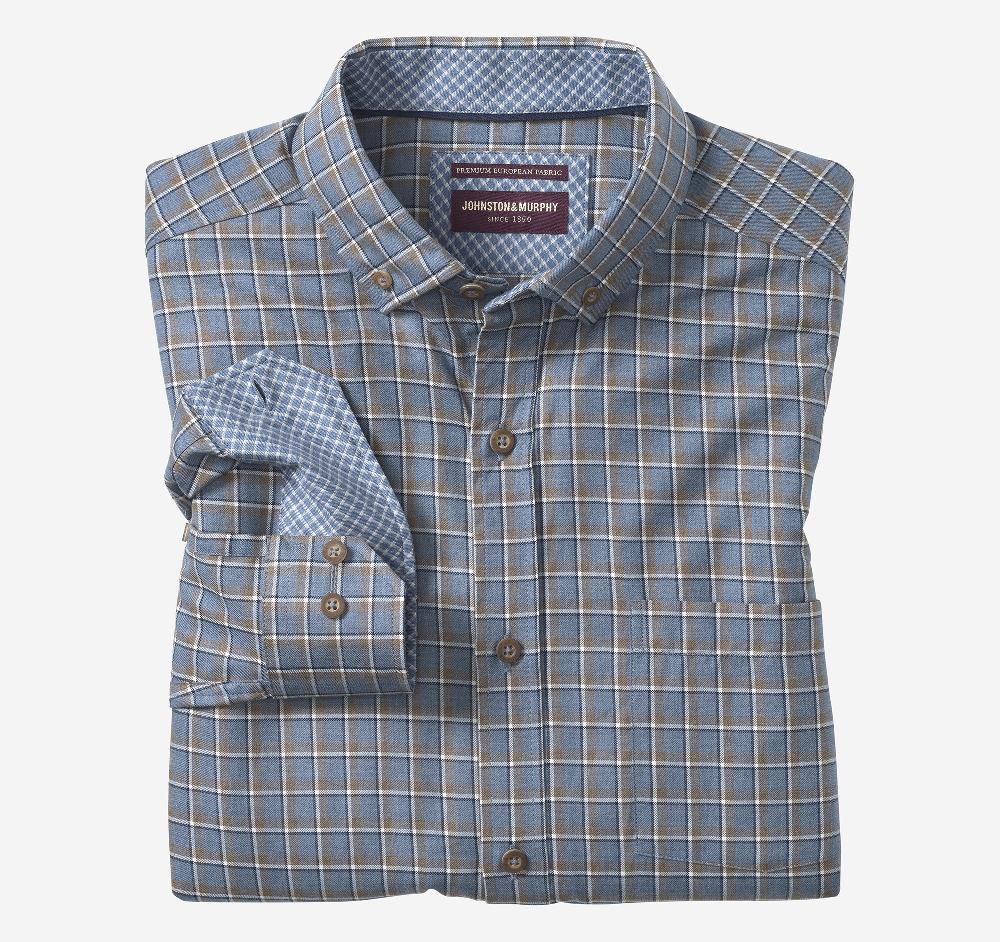 johnston & murphy Heathered Woven Shirt Blue Melange Outlined Grid