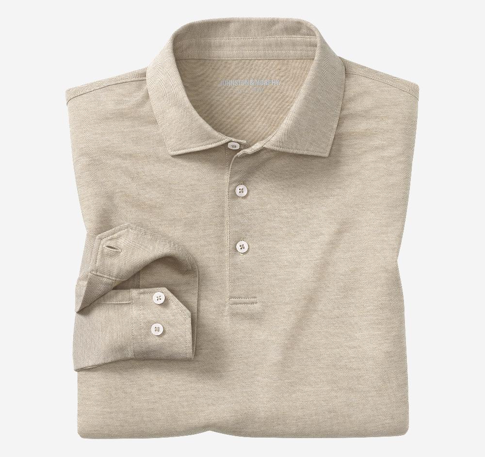 Johnston & Murphy Herringbone Long-Sleeve Polo Oatmeal