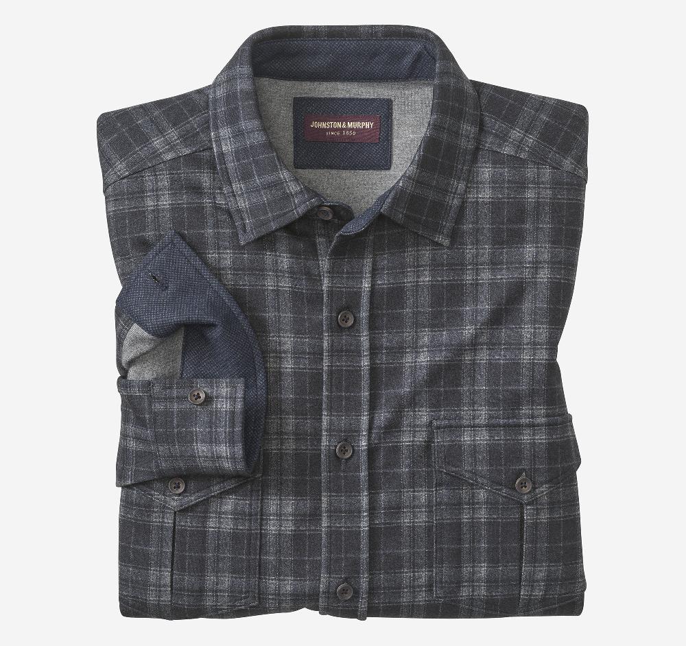 Johnston & Murphy Button-Front Knit Shirt Navy Plaid
