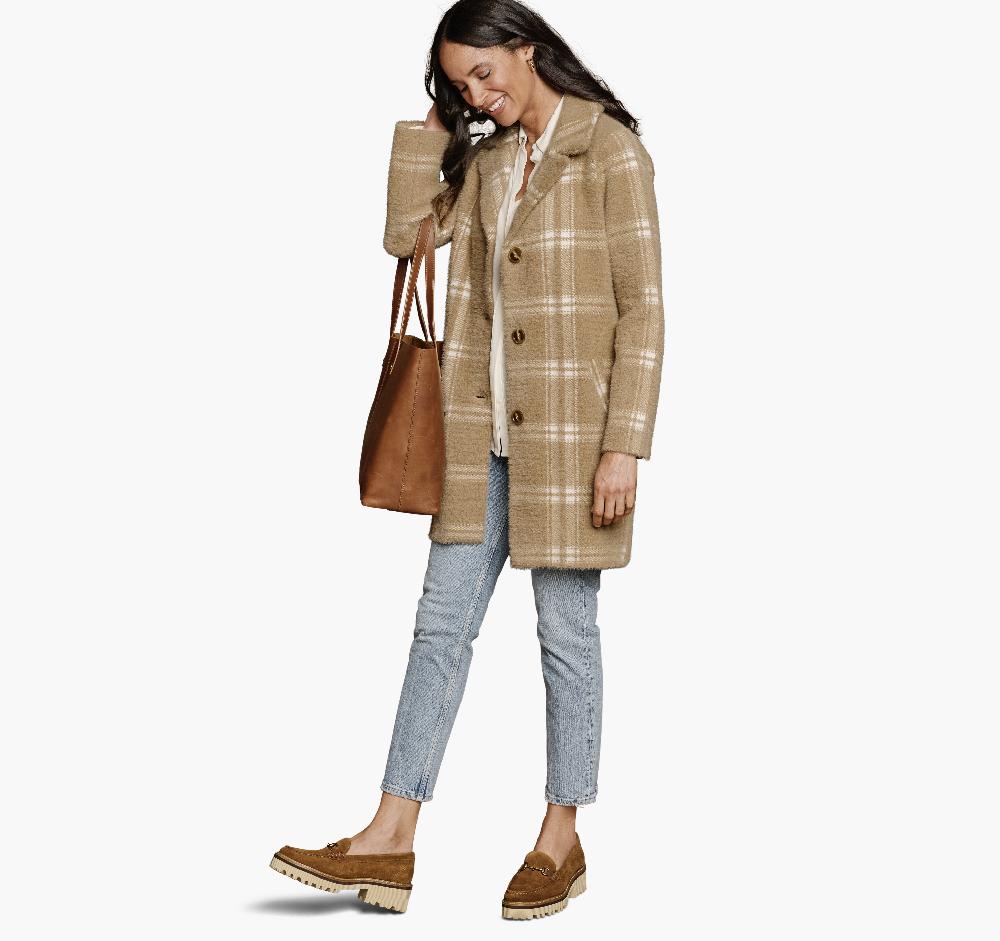 Johnston & Murphy Eyelash Plaid Coatigan Tan/White