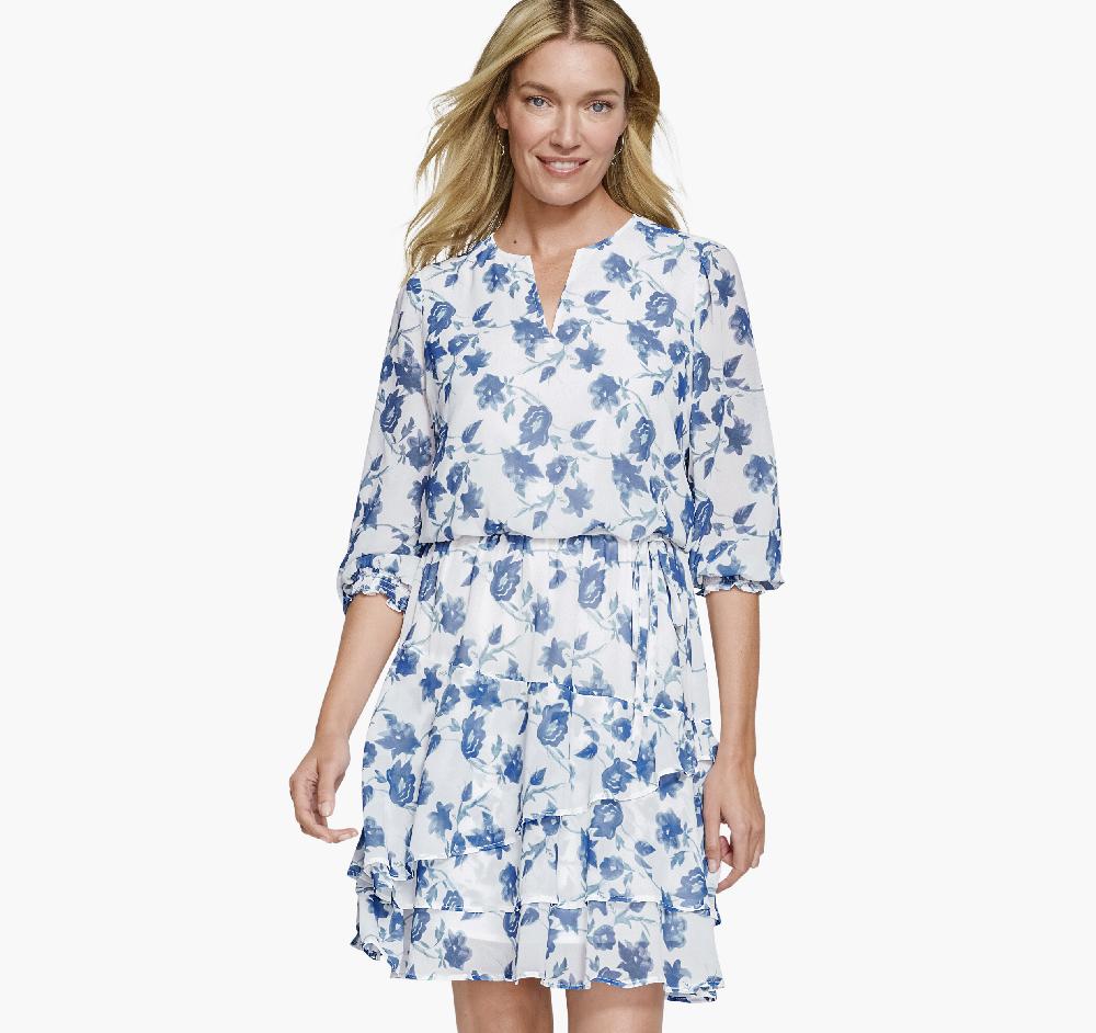 johnston & murphy Printed Tiered Dress Blue Floral