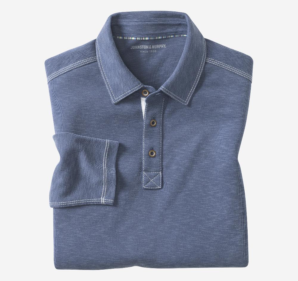 johnston & murphy Vintage Slub Long-Sleeve Polo Blue