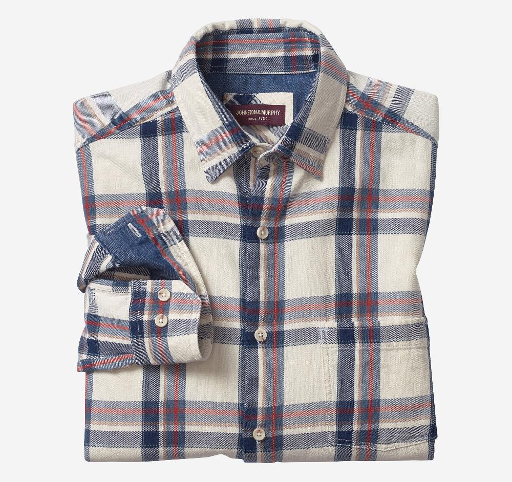 johnston & murphy Washed Denim Shirt Ivory Plaid