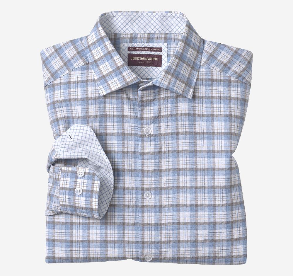 johnston & murphy Linen-Blend Dress Shirt Blue/Multi Outline Grid Plaid