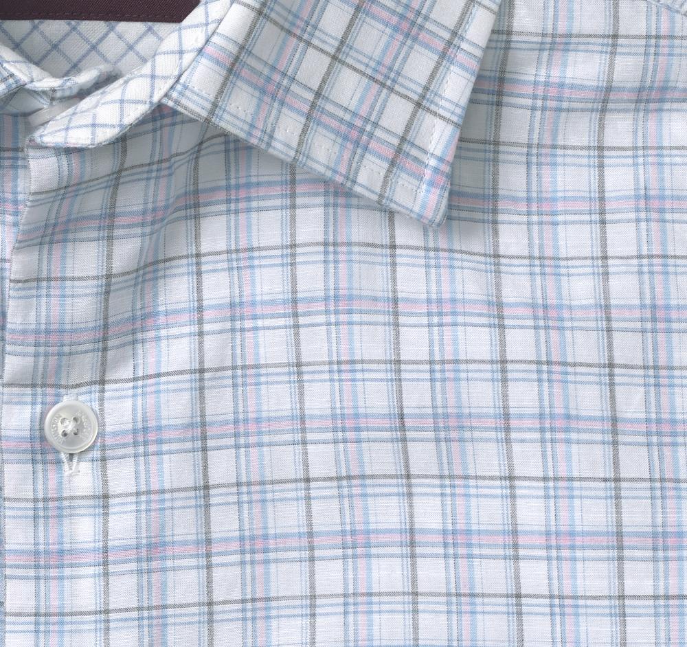 Johnston & Murphy Linen-Blend Dress Shirt Pink/Multi Framed Grid Plaid