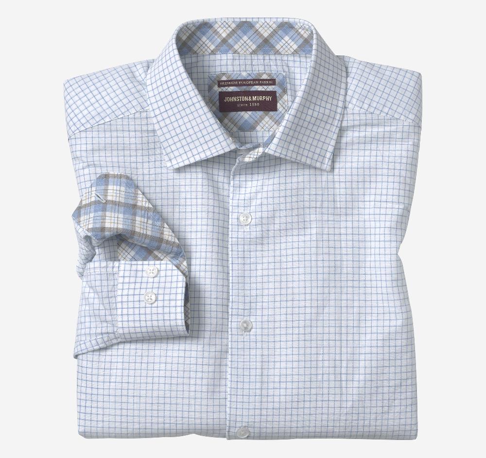 johnston & murphy Linen-Blend Dress Shirt White/Blue Windowpane