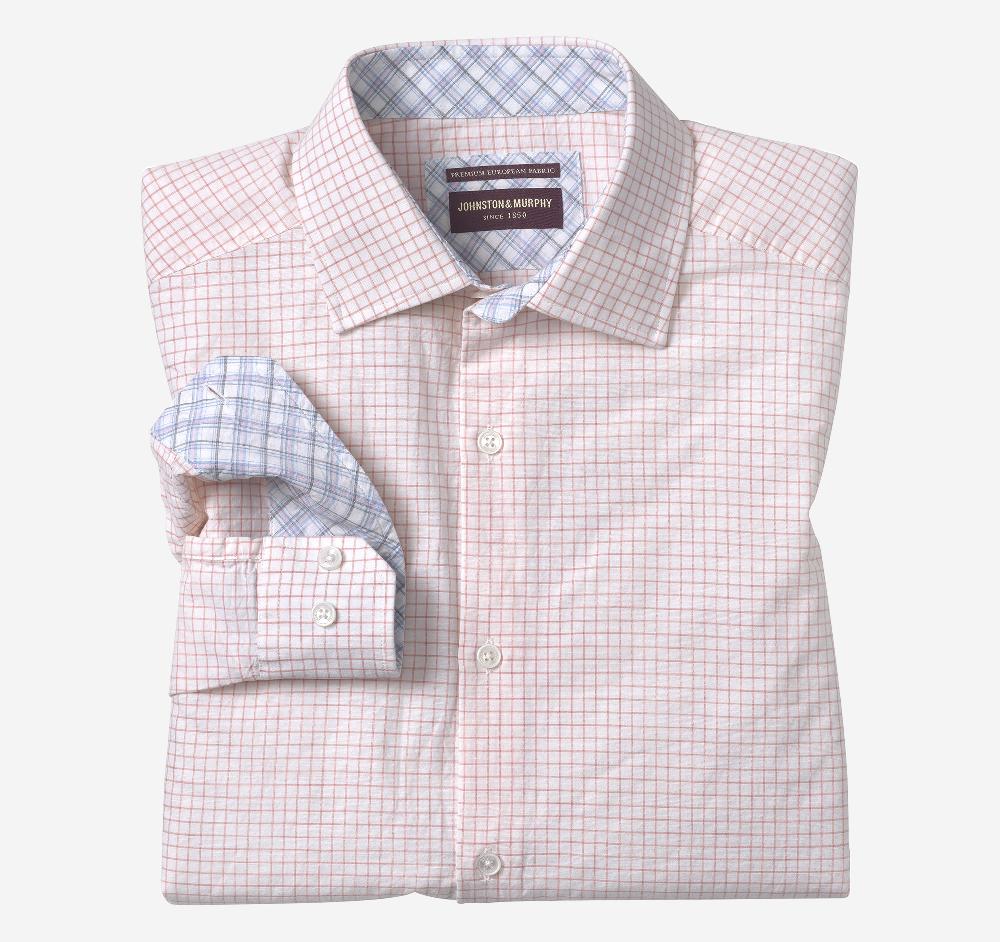 johnston & murphy Linen-Blend Dress Shirt White/Pink Windowpane