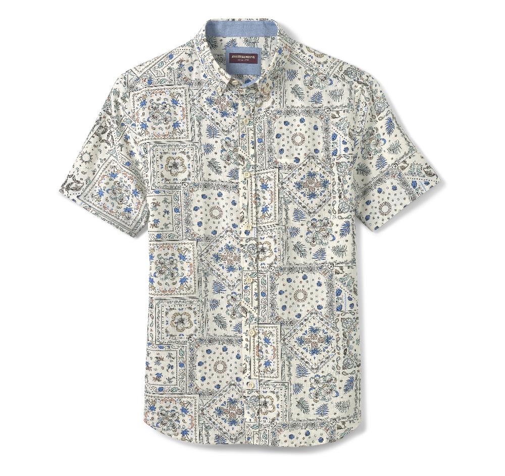 Johnston & Murphy Linen-Blend Short-Sleeve Print Shirt White/Multi Bandana