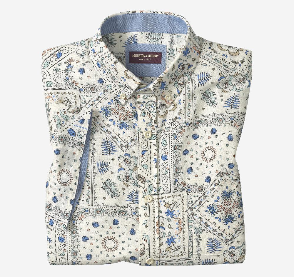 johnston & murphy Linen-Blend Short-Sleeve Print Shirt White/Multi Bandana