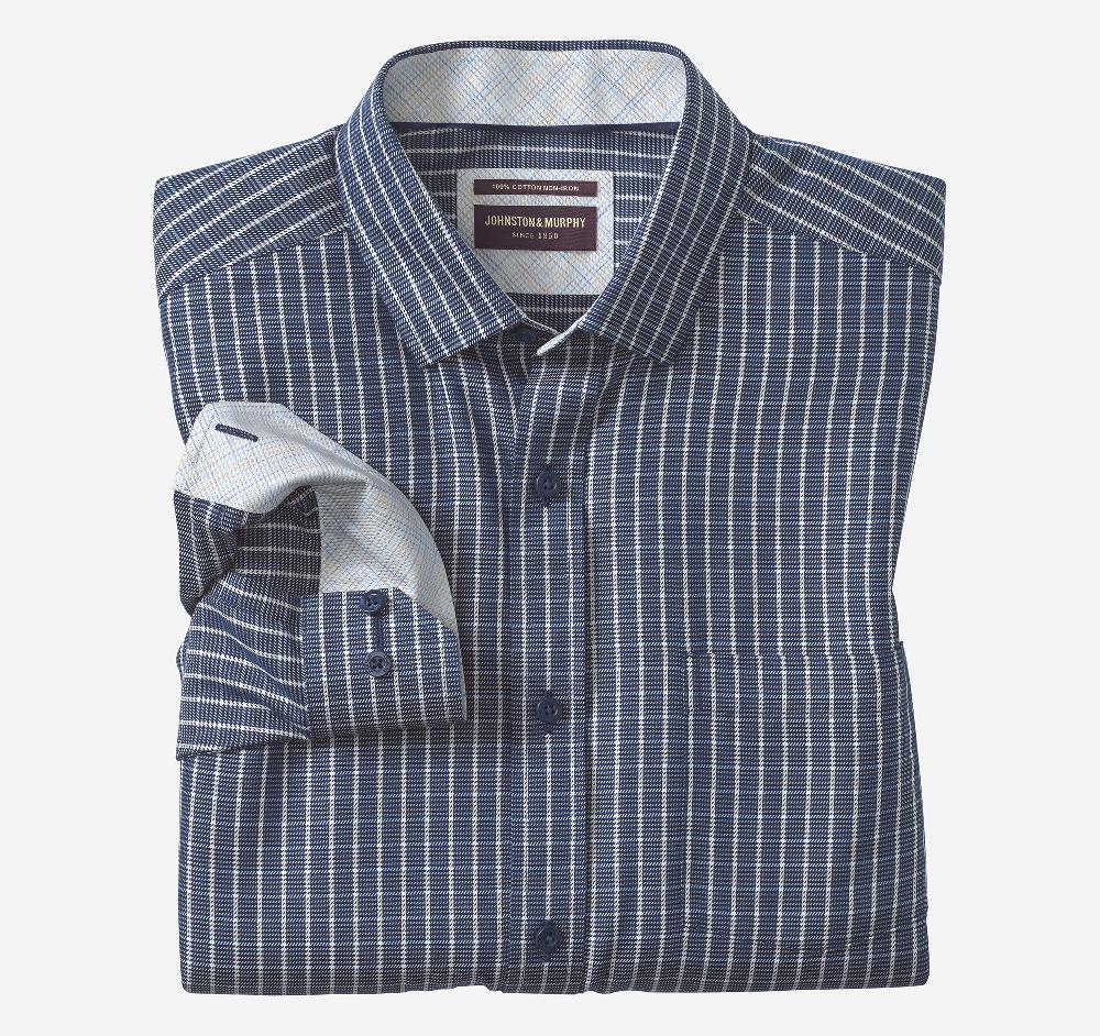 johnston & murphy Non-Iron Dress Shirt Navy/Tan Twill Grid