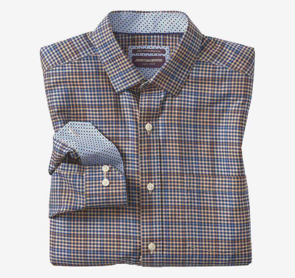 johnston & murphy Non-Iron Dress Shirt Tan Multi Glen Plaid