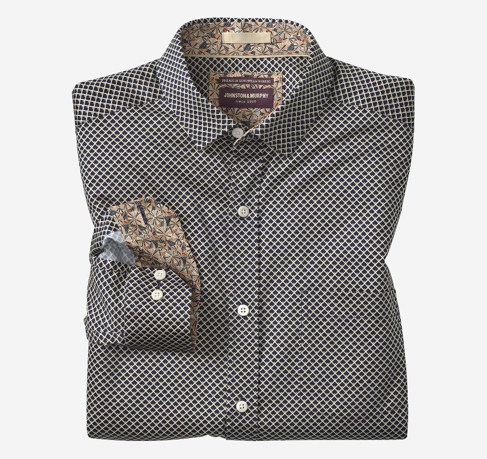 johnston & murphy Printed Cotton Shirt Black Diamond Grid