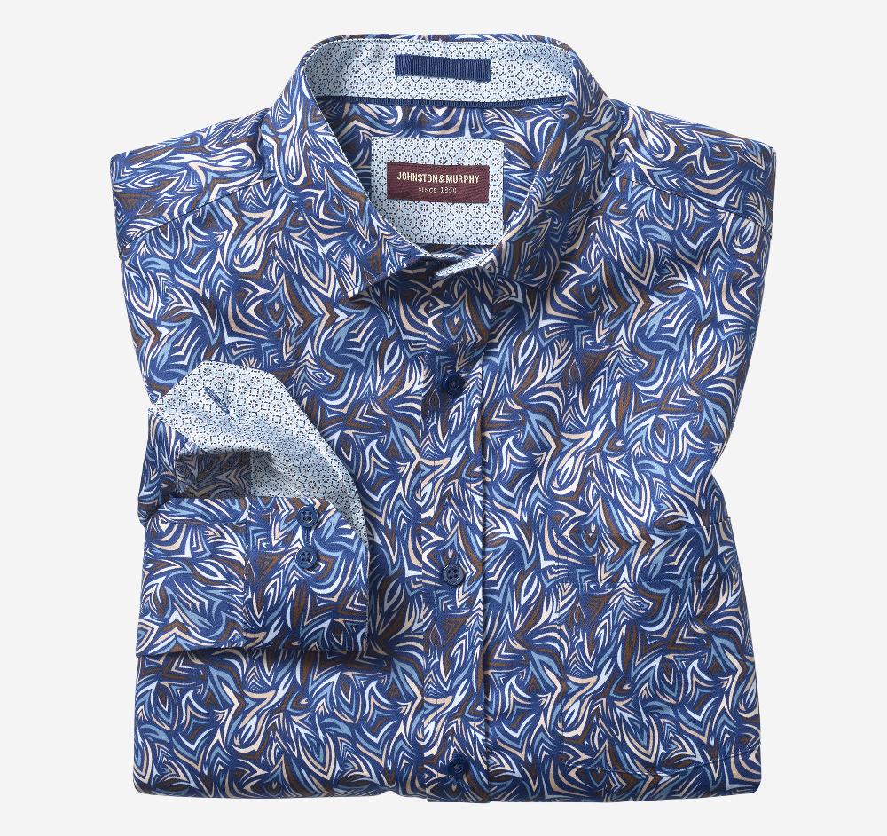 johnston & murphy Printed Cotton Shirt Blue/Brown Abstract Angles