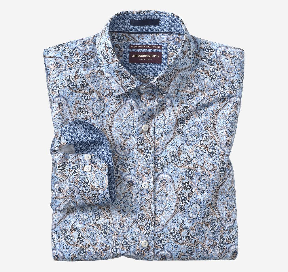 johnston & murphy Printed Cotton Shirt Blue/Brown Layered Paisley