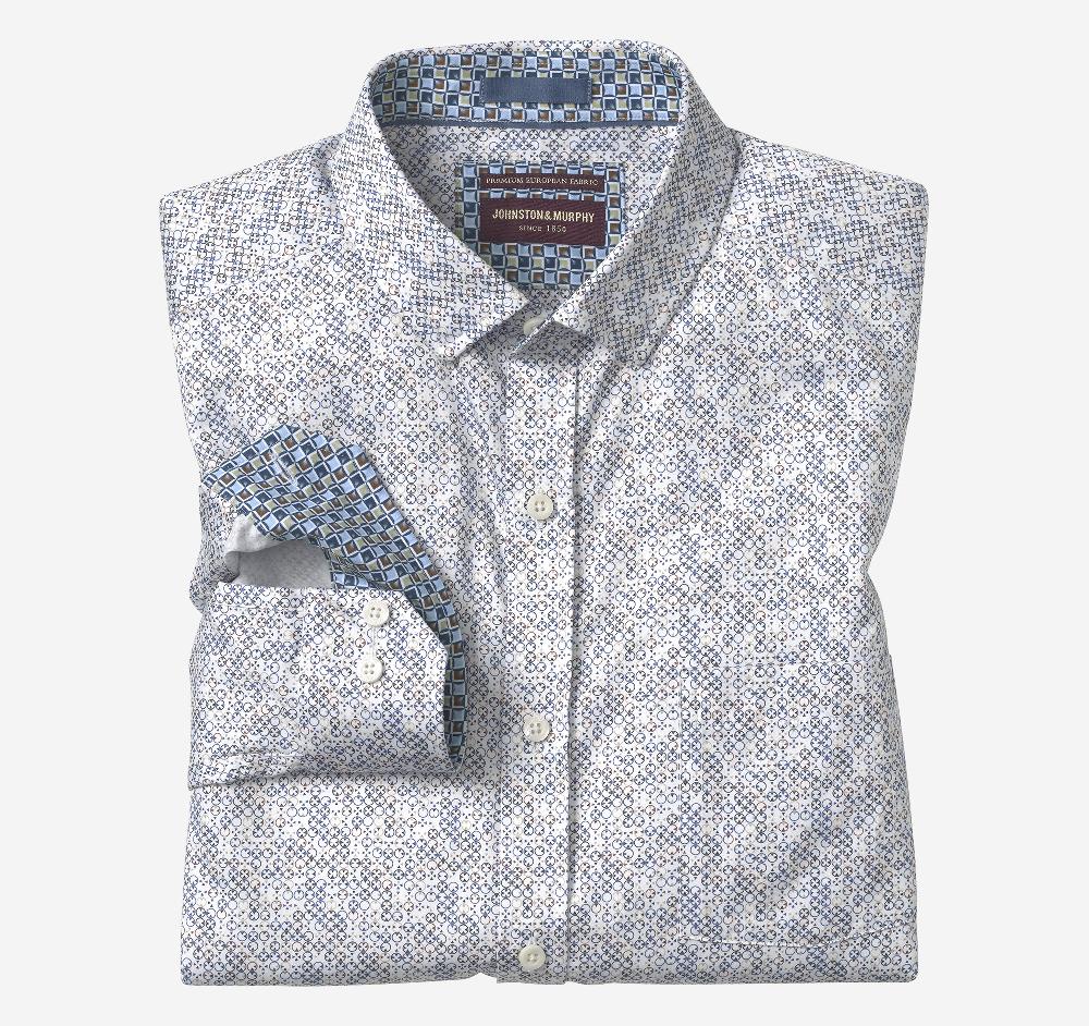 johnston & murphy Printed Cotton Shirt Blue/Tan Circle Grid