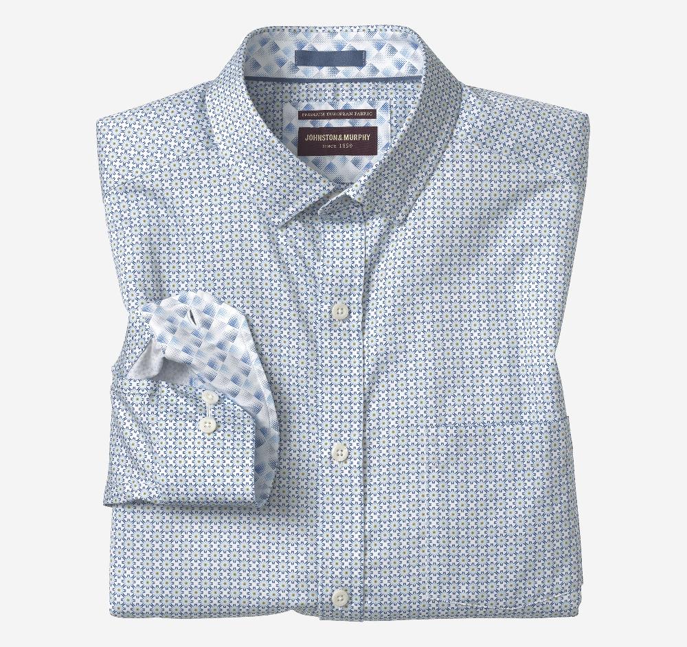 johnston & murphy Printed Cotton Shirt Blue/Tan Grid Burst