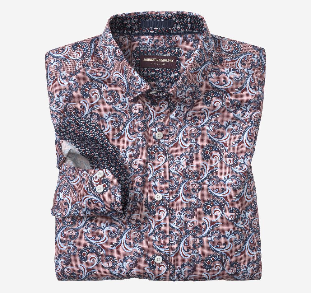 johnston & murphy Printed Cotton Shirt Burgundy Checkered Paisley