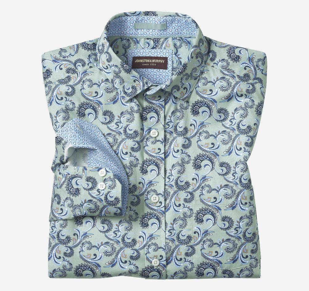johnston & murphy Printed Cotton Shirt Green Checkered Paisley