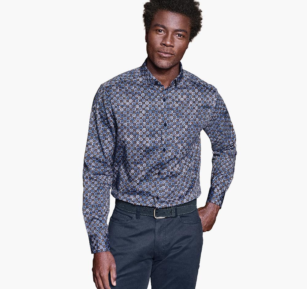 Johnston & Murphy Printed Cotton Shirt Navy/Brown Perennial