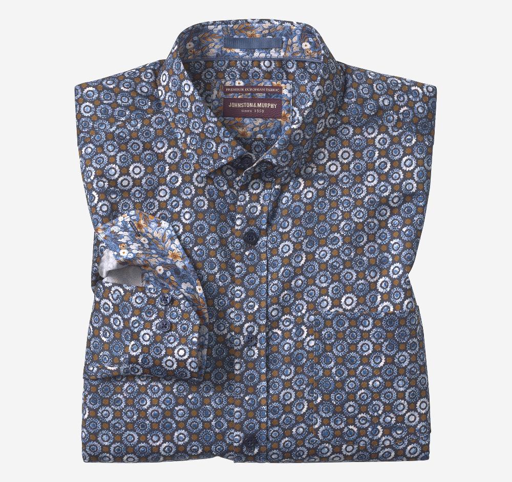 johnston & murphy Printed Cotton Shirt Navy/Brown Perennial