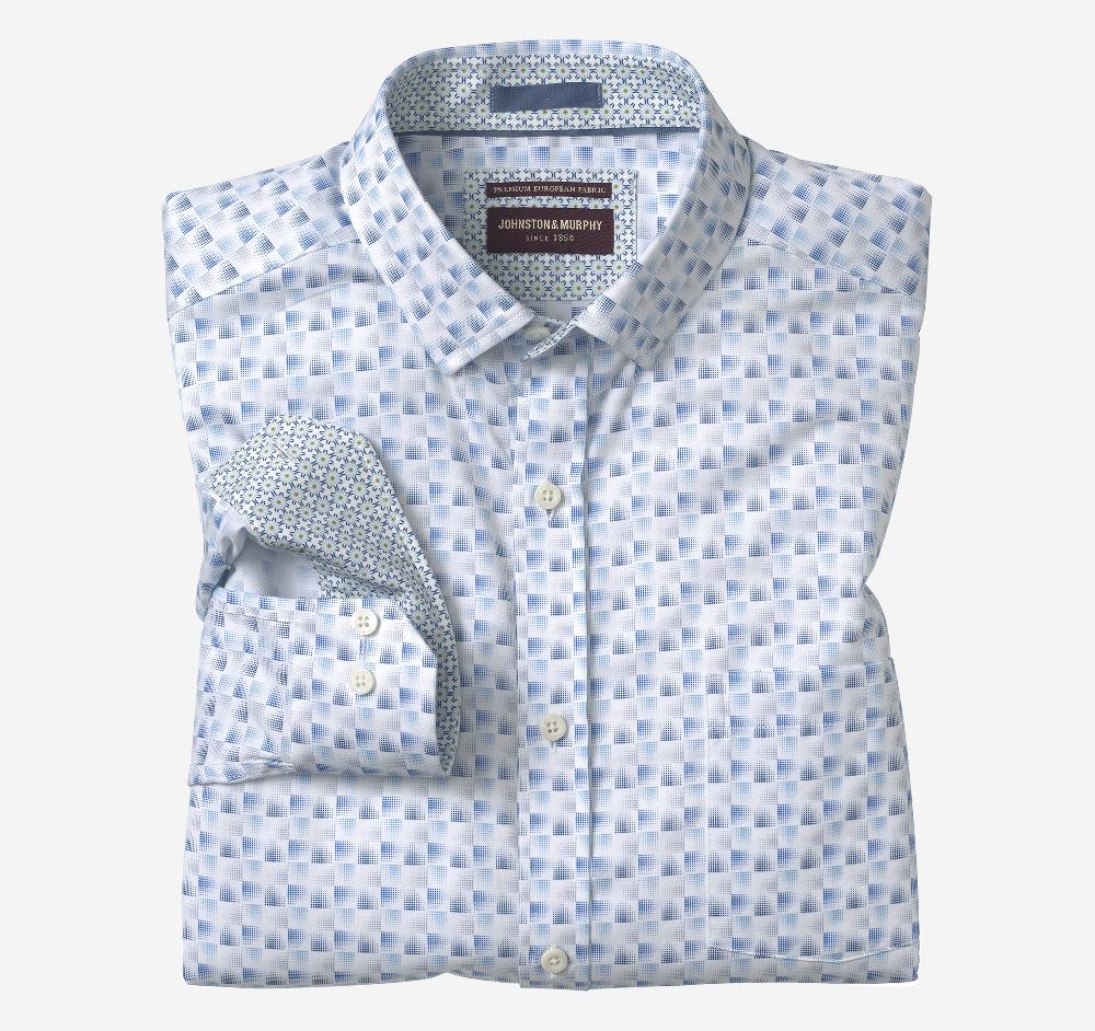 johnston & murphy Printed Cotton Shirt White/Gray Shadow Box