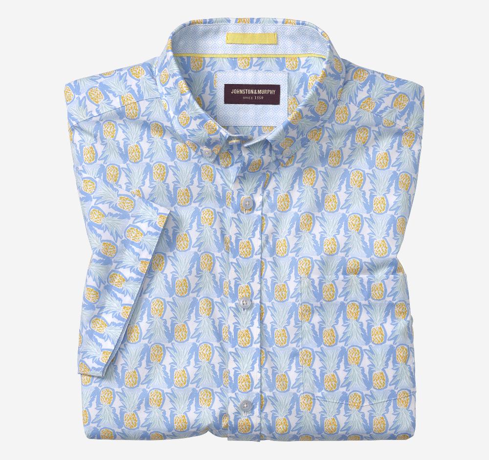 Johnston & Murphy Printed Cotton Short-Sleeve Shirt Blue/Multi Pineapple