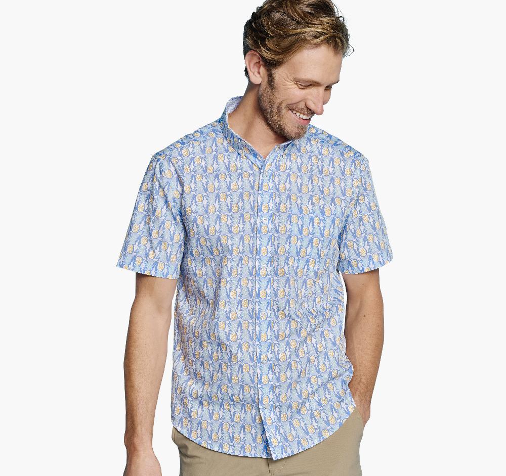 johnston & murphy Printed Cotton Short-Sleeve Shirt Blue/Multi Pineapple