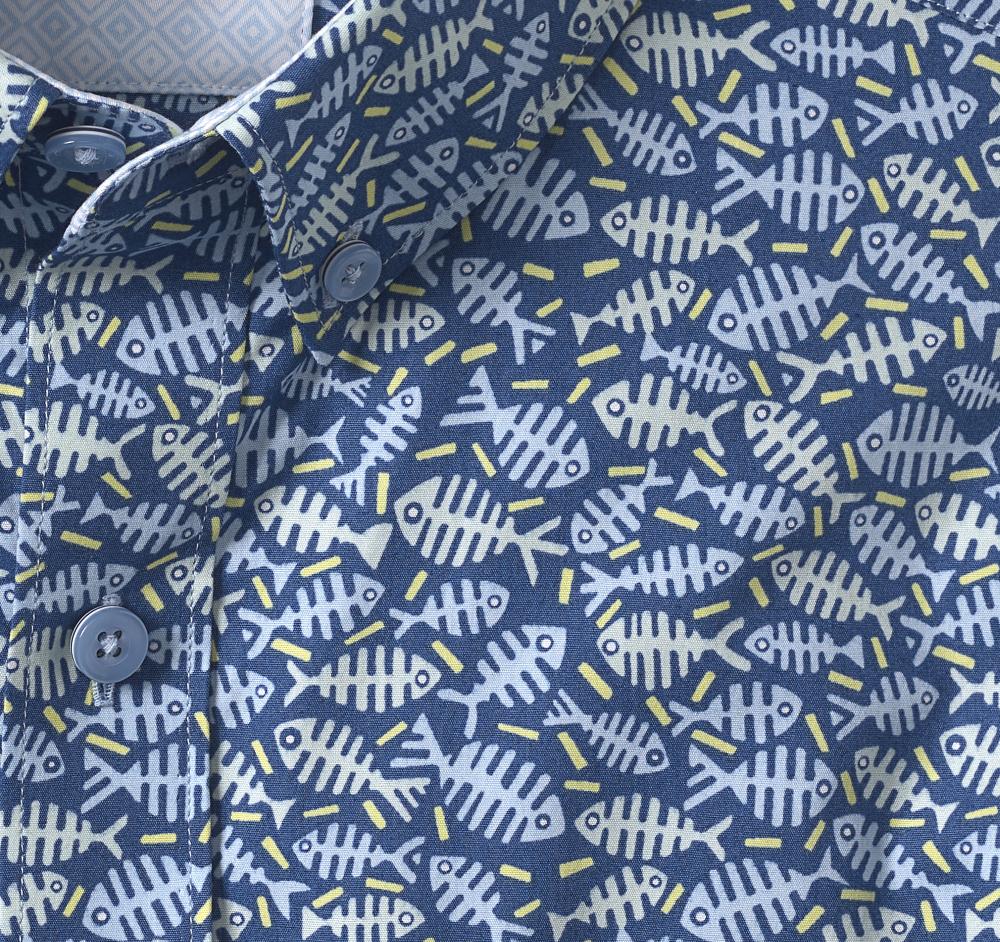 Johnston & Murphy Printed Cotton Short-Sleeve Shirt Navy Fishbone