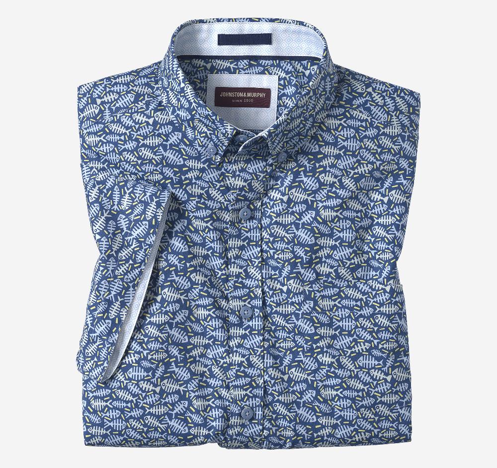Johnston & Murphy Printed Cotton Short-Sleeve Shirt Navy Fishbone