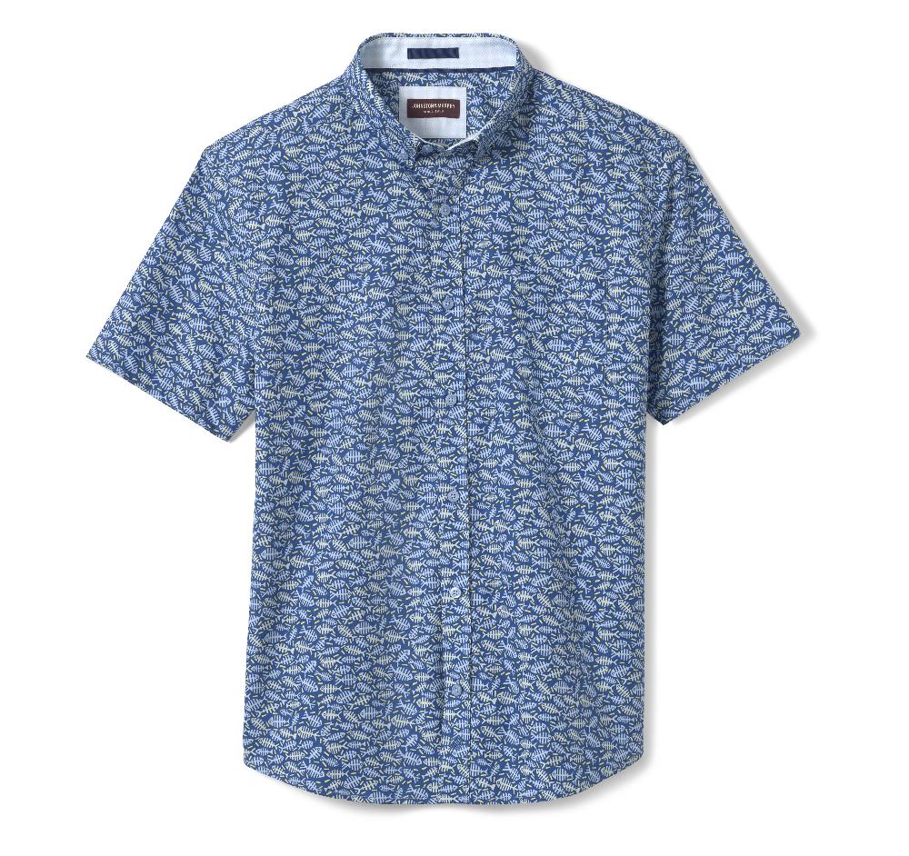 Johnston & Murphy Printed Cotton Short-Sleeve Shirt Navy Fishbone