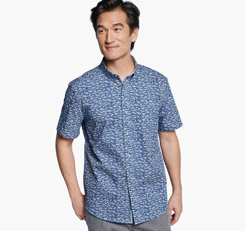 johnston & murphy Printed Cotton Short-Sleeve Shirt Navy Fishbone