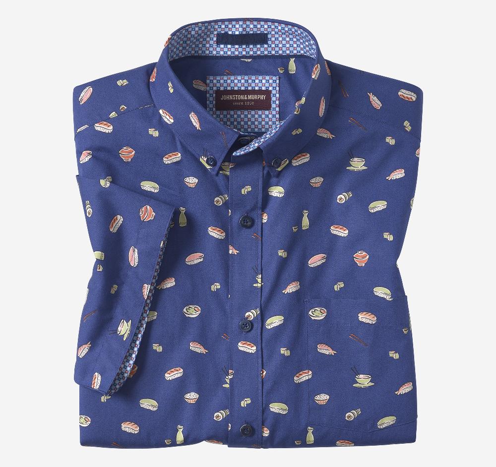 Johnston & Murphy Printed Cotton Short-Sleeve Shirt Navy Sushi