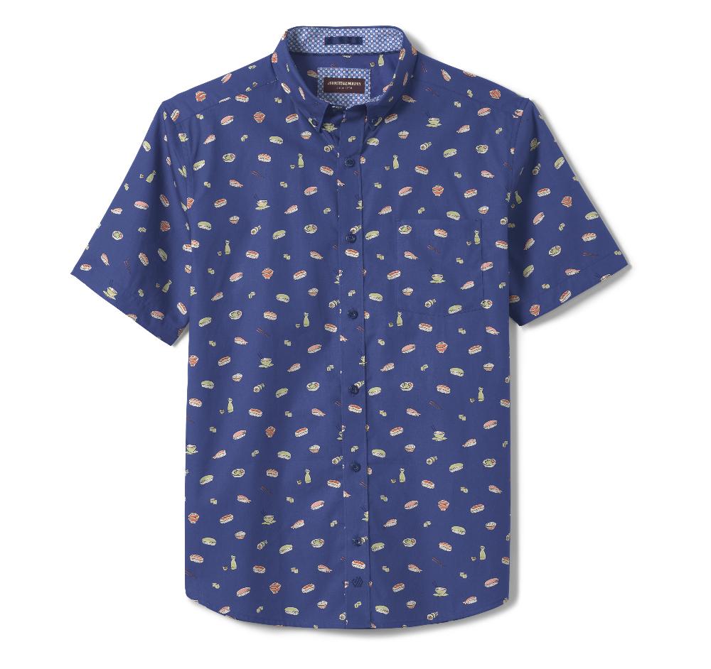 Johnston & Murphy Printed Cotton Short-Sleeve Shirt Navy Sushi