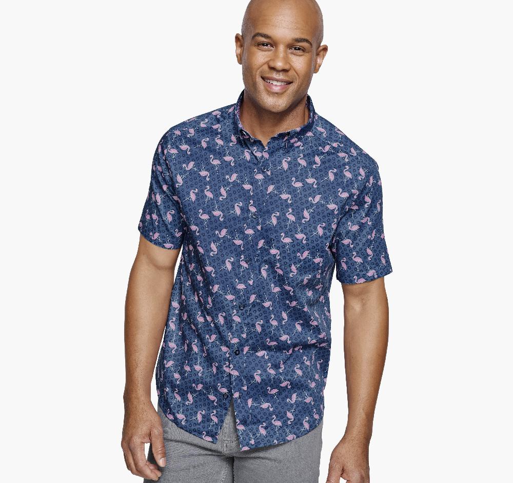 johnston & murphy Printed Short-Sleeve Shirt Navy Flamingo Sun