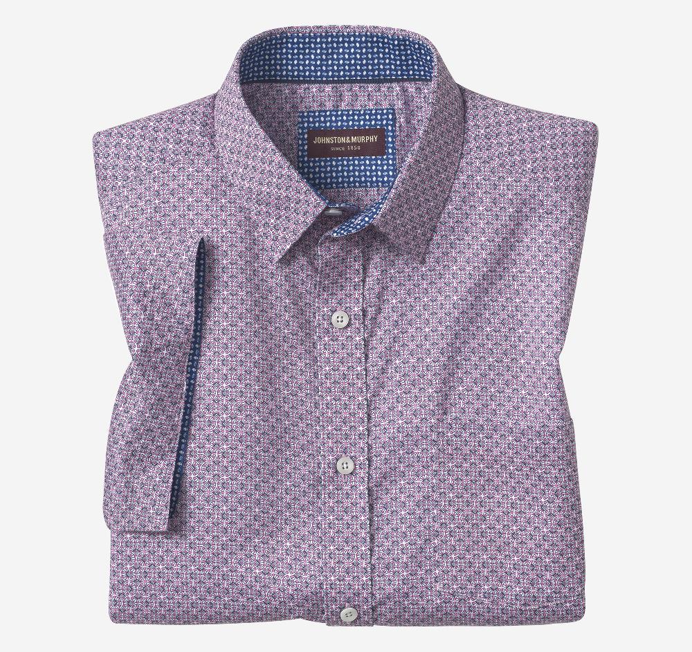 Johnston & Murphy Printed Short-Sleeve Shirt Pink/Navy Fan