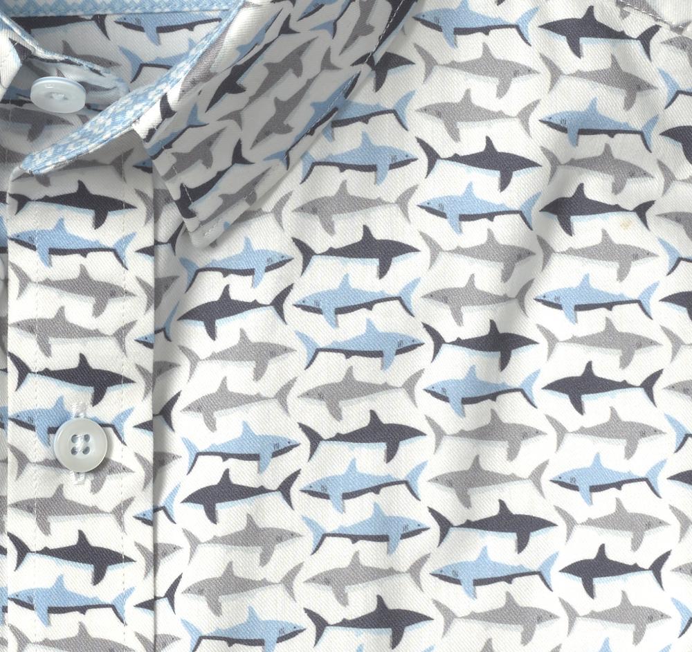 Johnston & Murphy Printed Short-Sleeve Shirt White/Blue Shark
