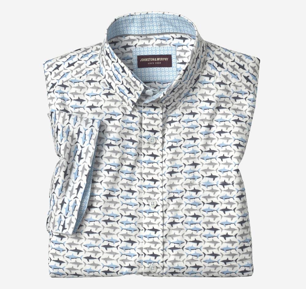 Johnston & Murphy Printed Short-Sleeve Shirt White/Blue Shark