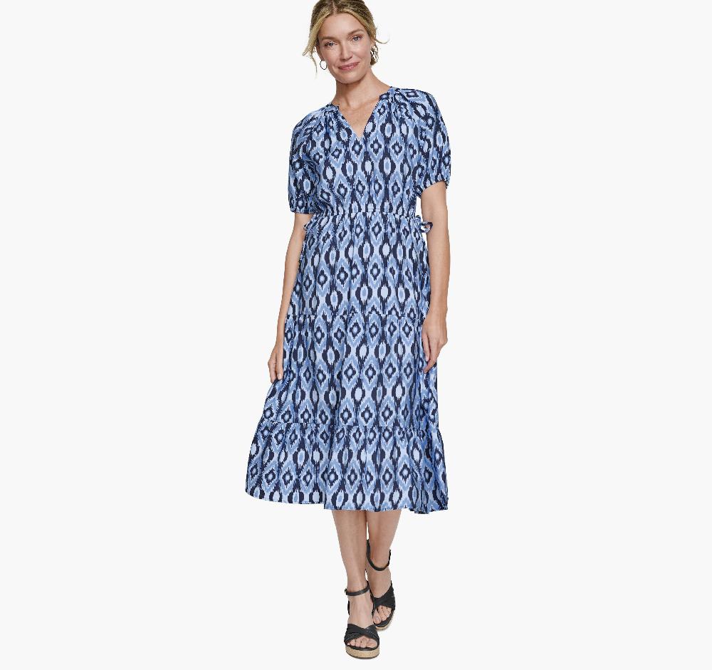 Johnston & Murphy Puff Sleeve Side-Tie Dress Navy Ikat
