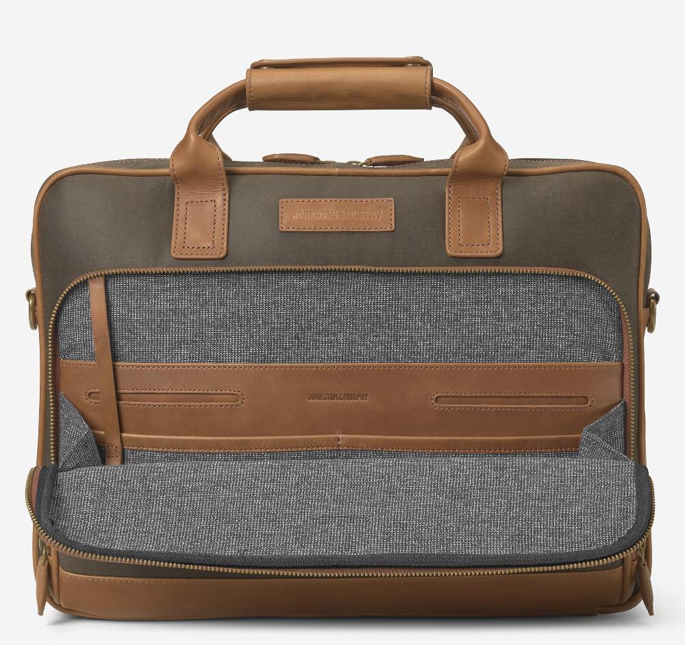 Johnston & Murphy Rhodes Briefcase Brown Antique Cotton/ Tan Full Grain