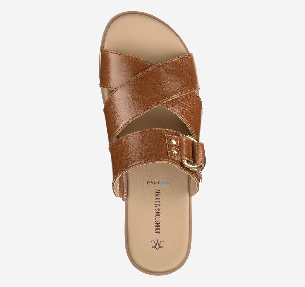 Johnston & Murphy Shayla Cross-Band Slide Cognac Calfskin