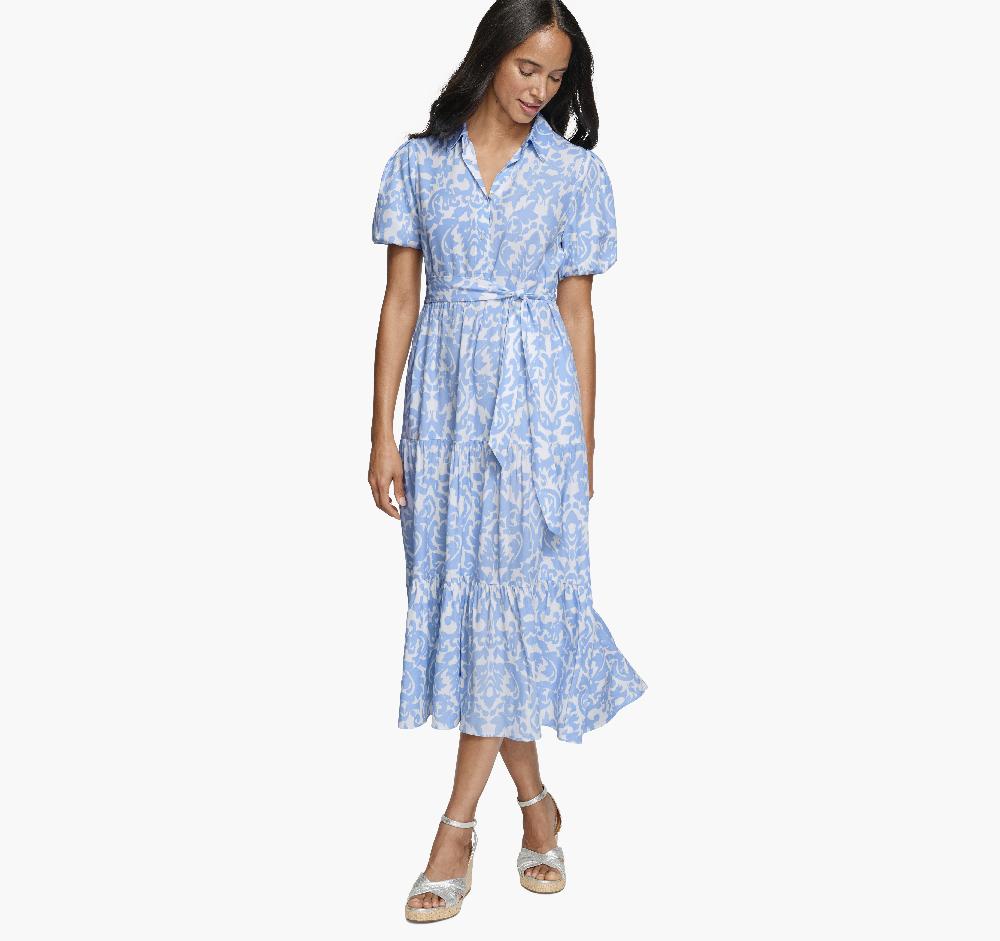 Johnston & Murphy Tie-Waist Print Dress Light Blue/White