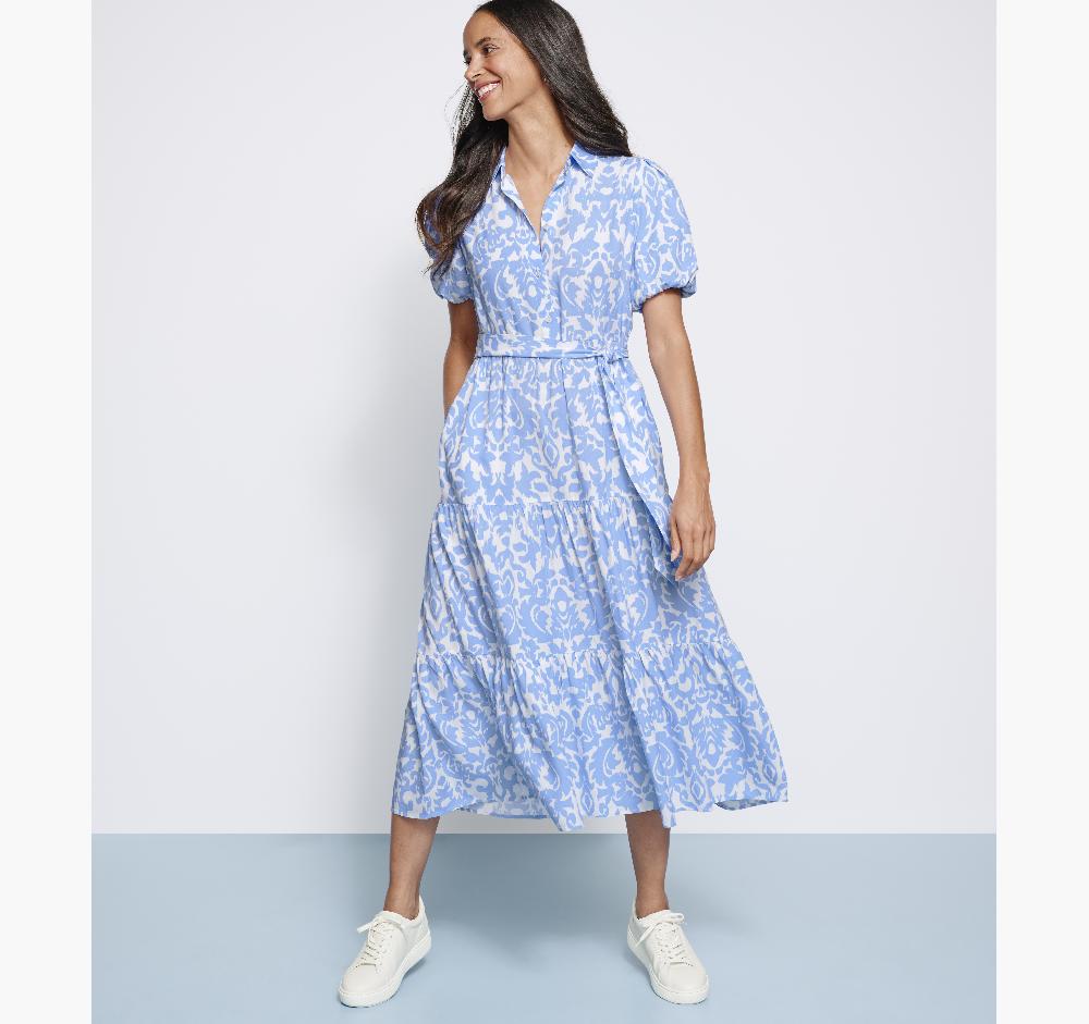 Johnston & Murphy Tie-Waist Print Dress Light Blue/White