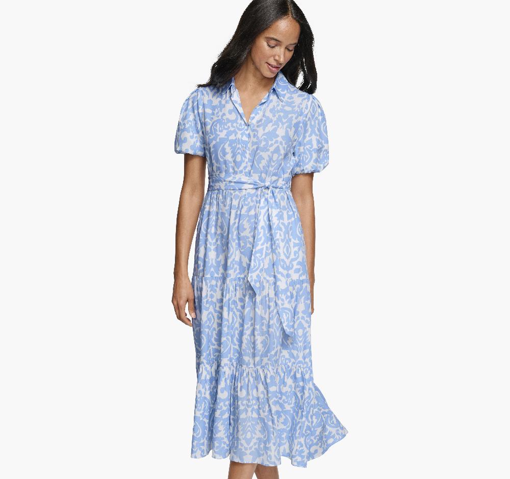 johnston & murphy Tie-Waist Print Dress Light Blue/White