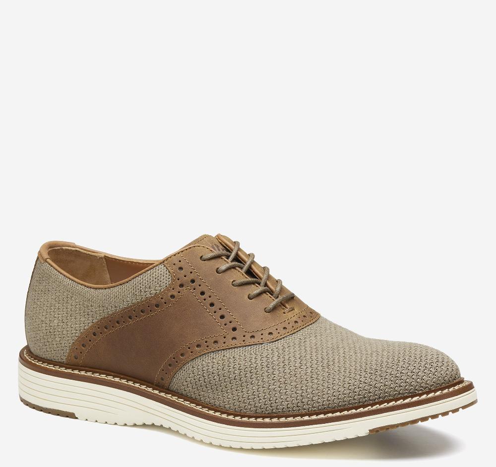 johnston & murphy Upton Knit Saddle Taupe Knit/Brown Oiled Full Grain