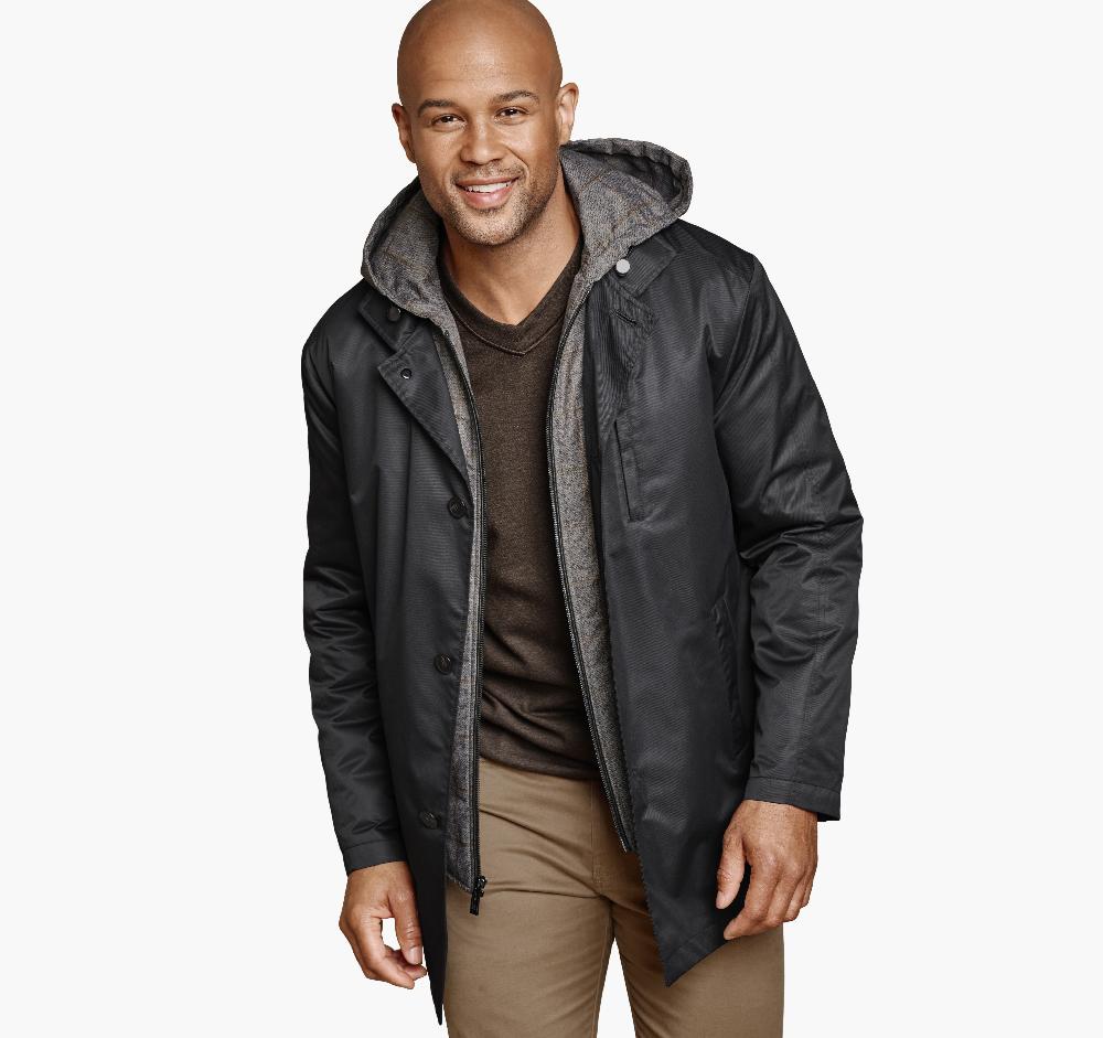 johnston & murphy Upton Water-Resistant Raincoat with Removable Liner Black/Taupe Plaid