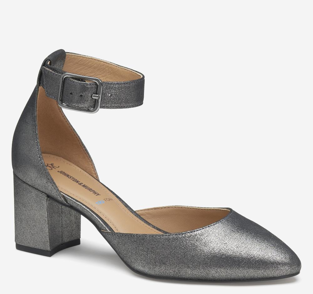 johnston & murphy Vicki Ankle Strap Pewter Metallic Kid Suede