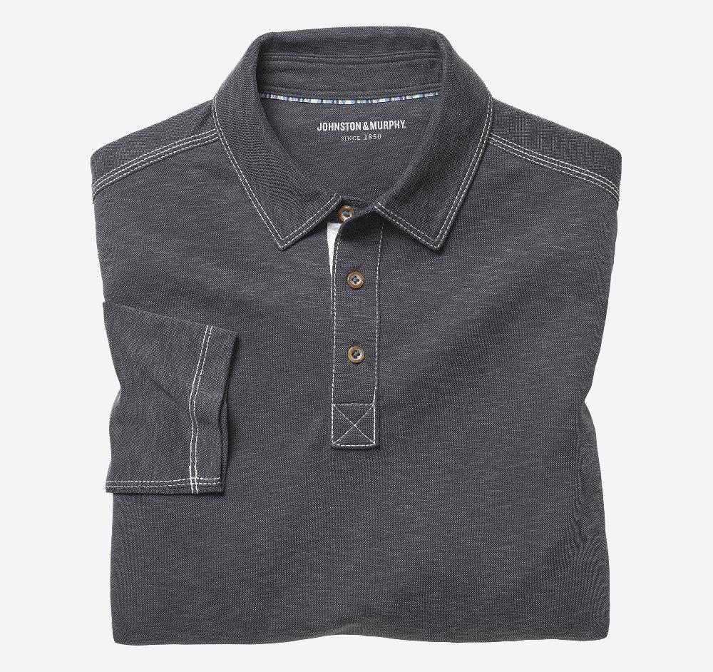 johnston & murphy Vintage Slub Long-Sleeve Polo Charcoal