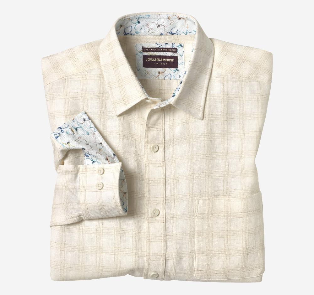 johnston & murphy Washed Linen-Blend Shirt White/Tan Windowpane