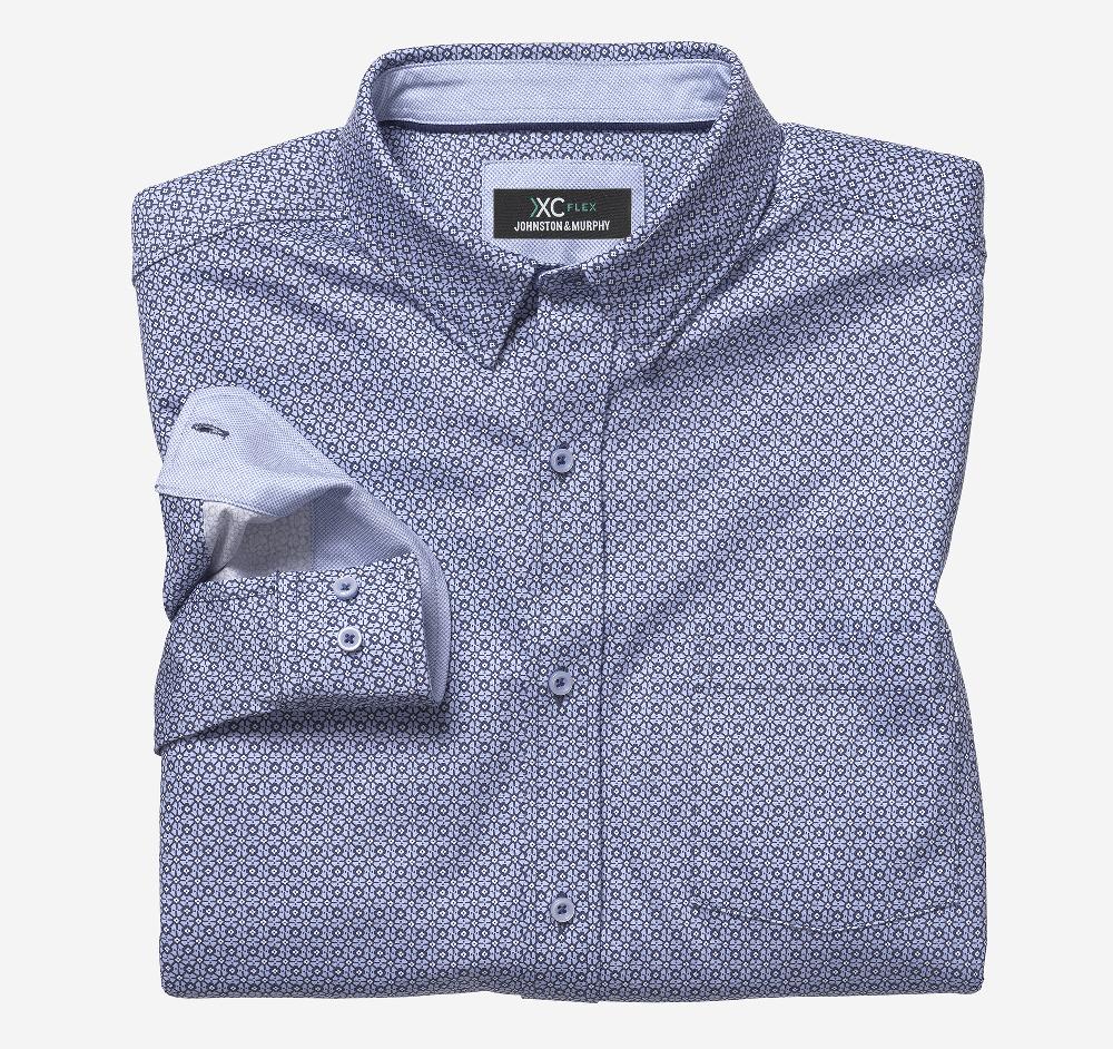 johnston & murphy XC Flex® Stretch Long-Sleeve Shirt Blue Diamond Grid Print