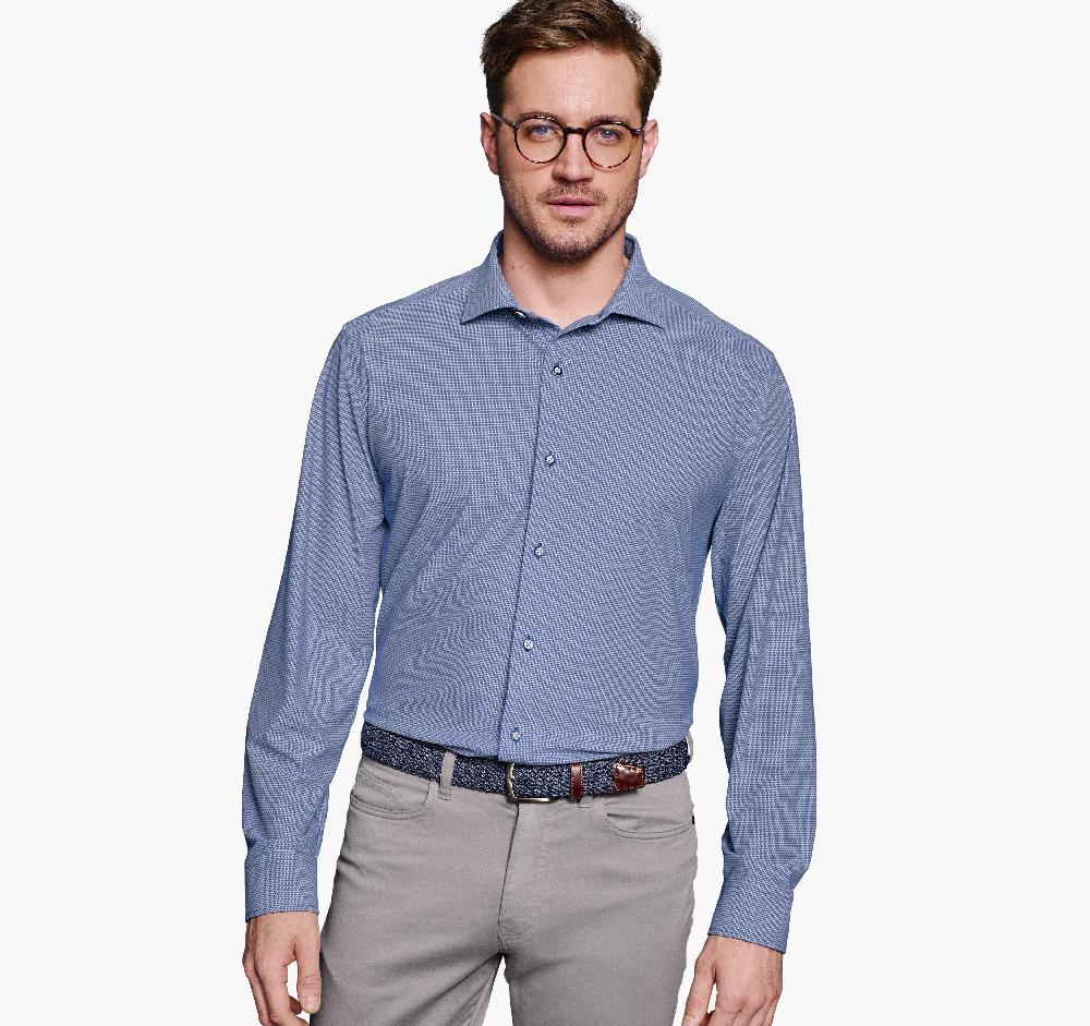 Johnston & Murphy XC4® Motion Long-Sleeve Dress Knit Shirt Navy Basketweave